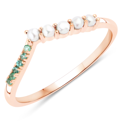 Pearl-0.22 Carat Genuine Pearl and Zambian Emerald 14K Rose Gold Ring