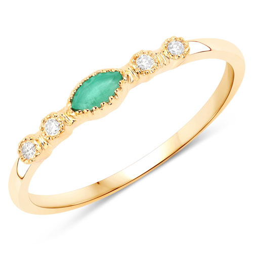 Emerald-0.11 Carat Genuine Emerald and White Diamond 14K Yellow Gold Ring