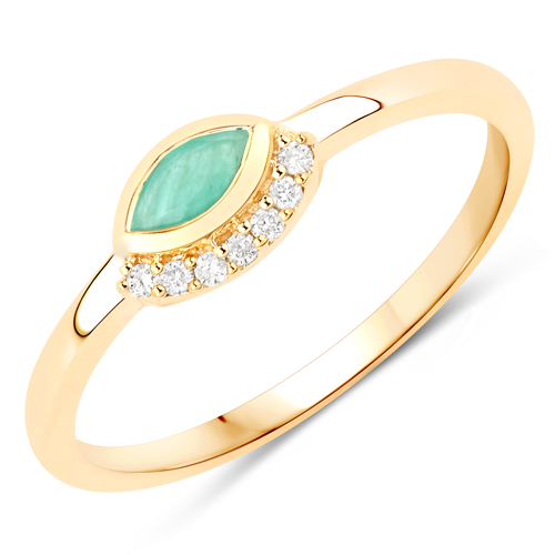 Emerald-0.17 Carat Genuine Emerald and White Diamond 14K Yellow Gold Ring