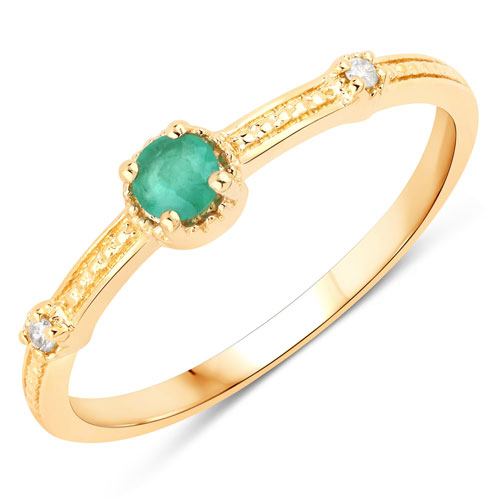 Emerald-0.12 Carat Genuine Emerald and White Diamond 14K Yellow Gold Ring