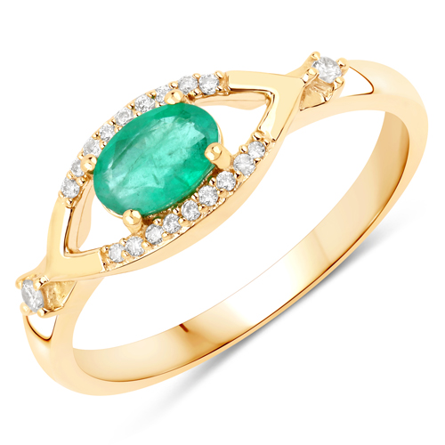 Emerald-0.52 Carat Genuine Zambian Emerald and White Diamond 10K Yellow Gold Ring
