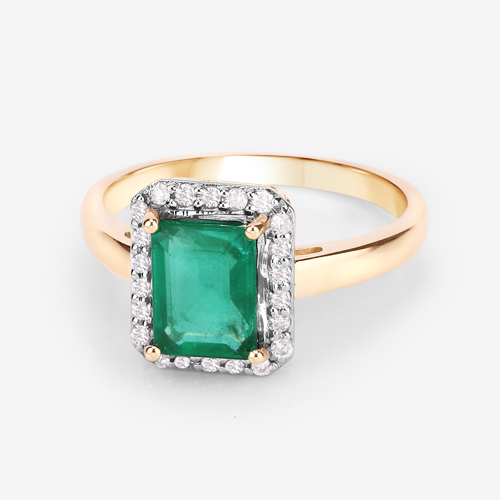 1.82 Carat Genuine Zambian Emerald and White Diamond 14K Yellow Gold Ring