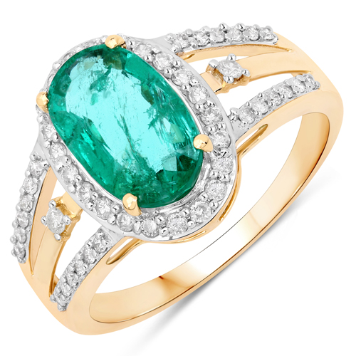 Emerald-2.11 Carat Genuine Zambian Emerald and White Diamond 14K Yellow Gold Ring
