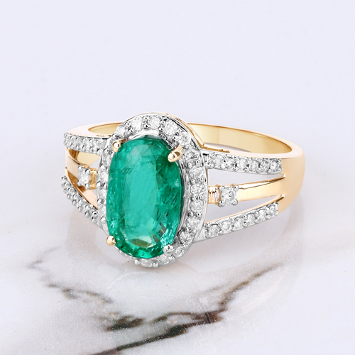 2.11 Carat Genuine Zambian Emerald and White Diamond 14K Yellow Gold Ring