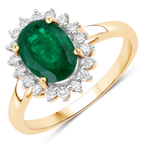 Emerald-1.83 Carat Genuine Zambian Emerald and White Diamond 14K Yellow Gold Ring