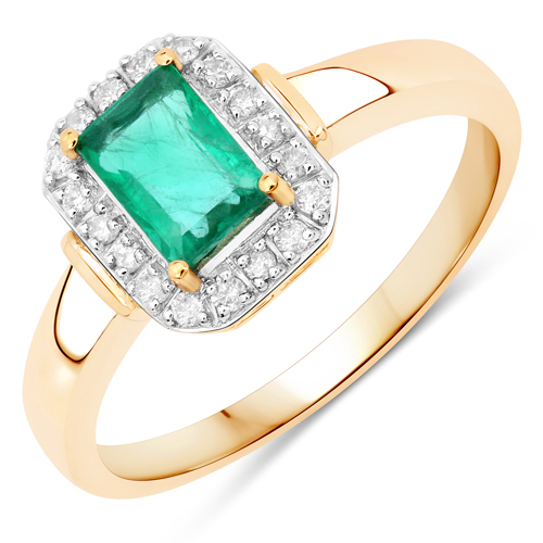 Emerald-0.72 Carat Genuine Zambian Emerald and White Diamond 14K Yellow Gold Ring
