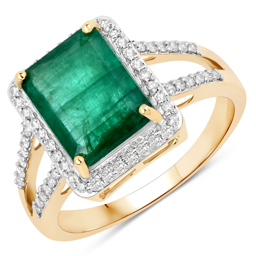 Emerald-2.70 Carat Genuine Zambian Emerald and White Diamond 14K Yellow Gold Ring