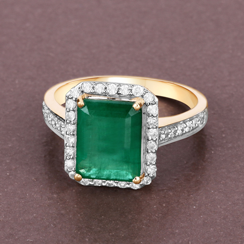 2.84 Carat Genuine Zambian Emerald and White Diamond 14K Yellow Gold Ring