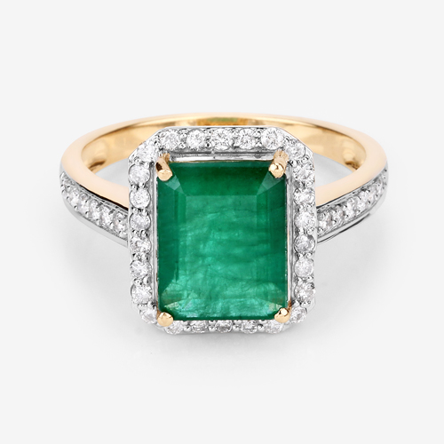 2.84 Carat Genuine Zambian Emerald and White Diamond 14K Yellow Gold Ring