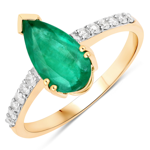 Emerald-1.76 Carat Genuine Zambian Emerald and White Diamond 14K Yellow Gold Ring