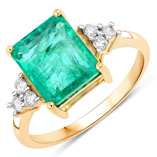 Emerald-3.13 Carat Genuine Zambian Emerald and White Diamond 14K Yellow Gold Ring