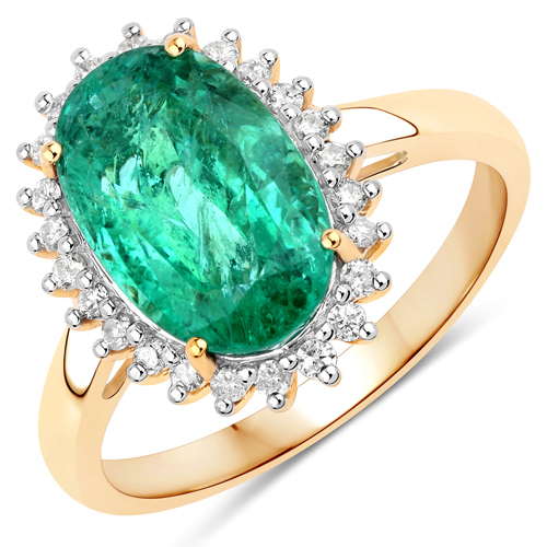 Emerald-3.72 Carat Genuine Zambian Emerald and White Diamond 14K Yellow Gold Ring