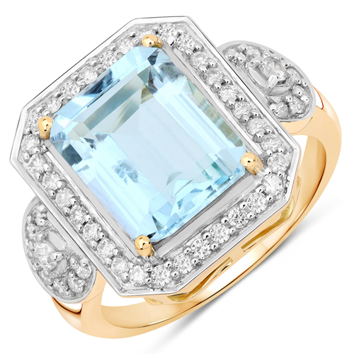 Rings-4.35 Carat Genuine Aquamarine and White Diamond 14K Yellow Gold Ring