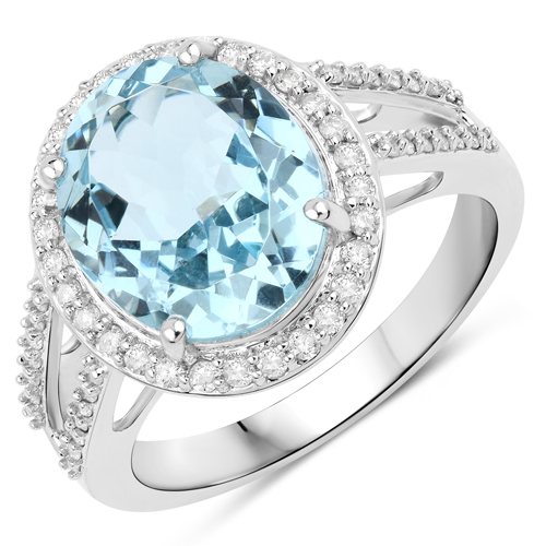 Rings-4.42 Carat Genuine Aquamarine and White Diamond 14K White Gold Ring