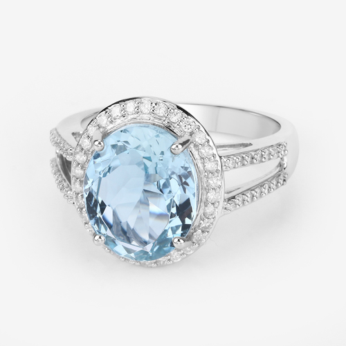 4.42 Carat Genuine Aquamarine and White Diamond 14K White Gold Ring