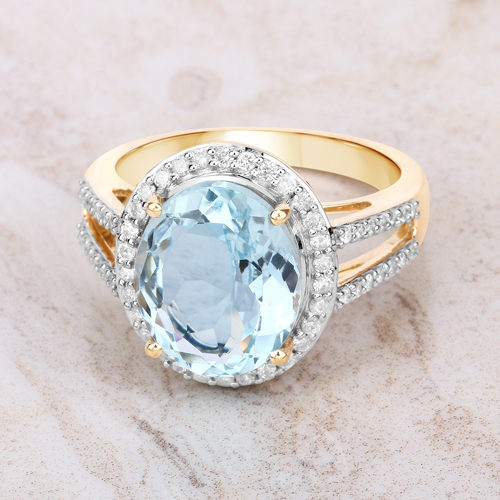 4.42 Carat Genuine Aquamarine and White Diamond 14K Yellow Gold Ring