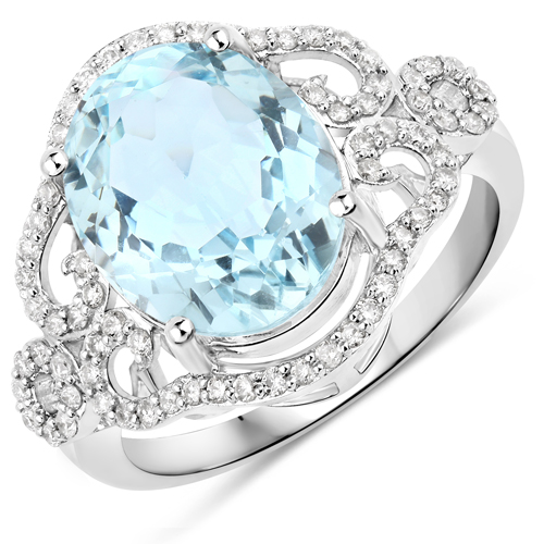 Rings-4.37 Carat Genuine Aquamarine and White Diamond 14K White Gold Ring