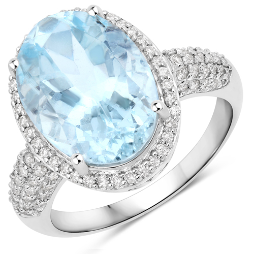 Rings-5.42 Carat Genuine Aquamarine and White Diamond 14K White Gold Ring