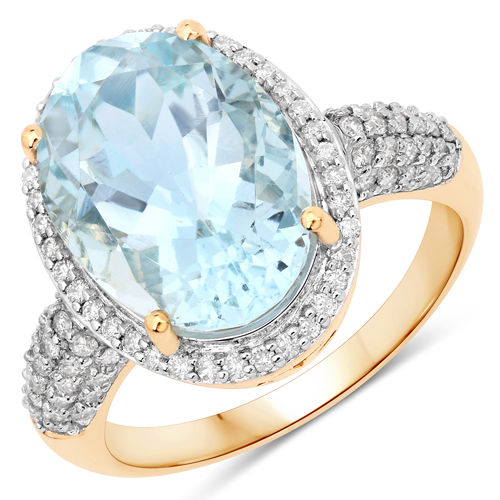 Rings-5.42 Carat Genuine Aquamarine and White Diamond 14K Yellow Gold Ring
