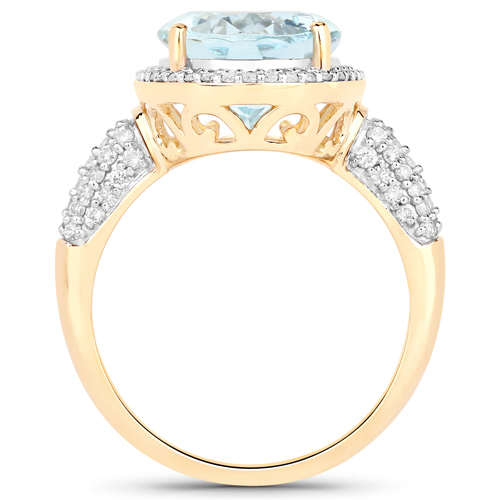 5.42 Carat Genuine Aquamarine and White Diamond 14K Yellow Gold Ring
