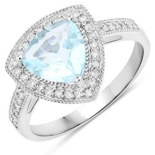 Rings-1.58 Carat Genuine Aquamarine and White Diamond 14K White Gold Ring