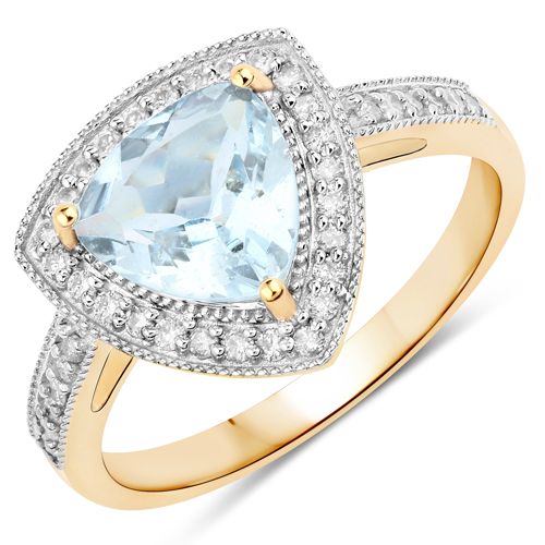 Rings-1.58 Carat Genuine Aquamarine and White Diamond 14K Yellow Gold Ring