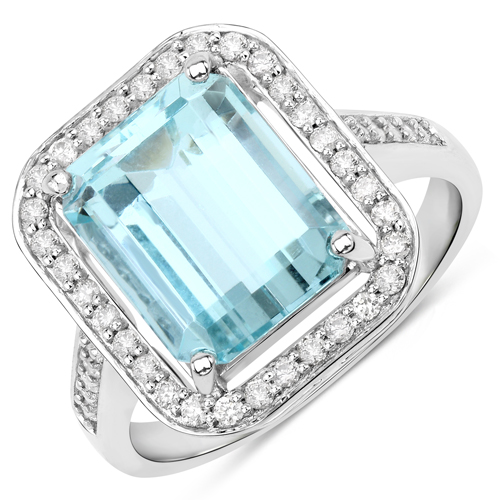 Rings-4.17 Carat Genuine Aquamarine and White Diamond 14K White Gold Ring