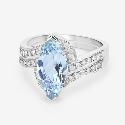 2.77 Carat Genuine Aquamarine and White Diamond 14K White Gold Ring