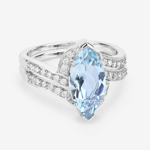 2.77 Carat Genuine Aquamarine and White Diamond 14K White Gold Ring