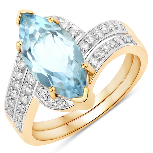 Rings-2.77 Carat Genuine Aquamarine and White Diamond 14K Yellow Gold Ring