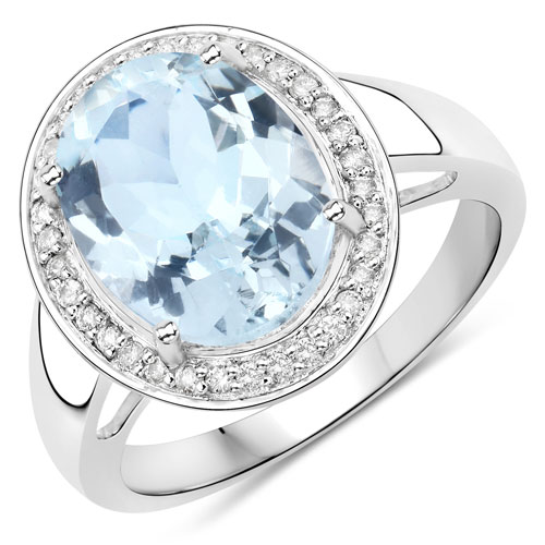 Rings-4.20 Carat Genuine Aquamarine and White Diamond 14K White Gold Ring