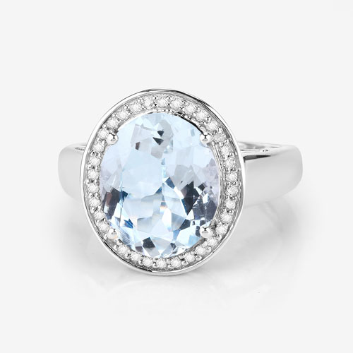 3.69 Carat Genuine Aquamarine and White Diamond 14K White Gold Ring