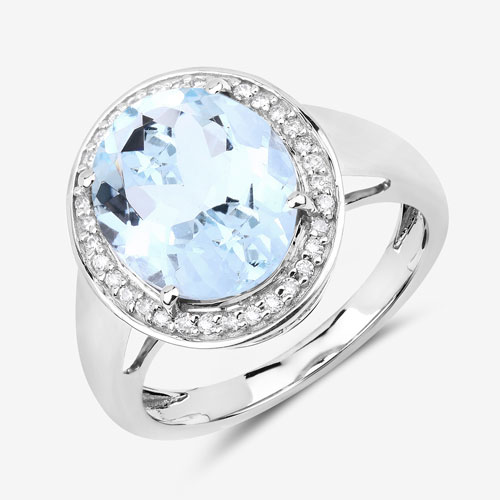 3.69 Carat Genuine Aquamarine and White Diamond 14K White Gold Ring