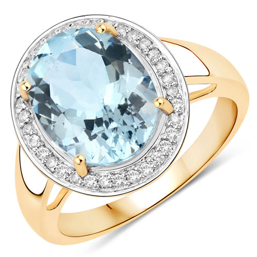 Rings-4.20 Carat Genuine Aquamarine and White Diamond 14K Yellow Gold Ring