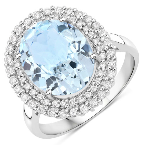 Rings-4.46 Carat Genuine Aquamarine and White Diamond 14K White Gold Ring
