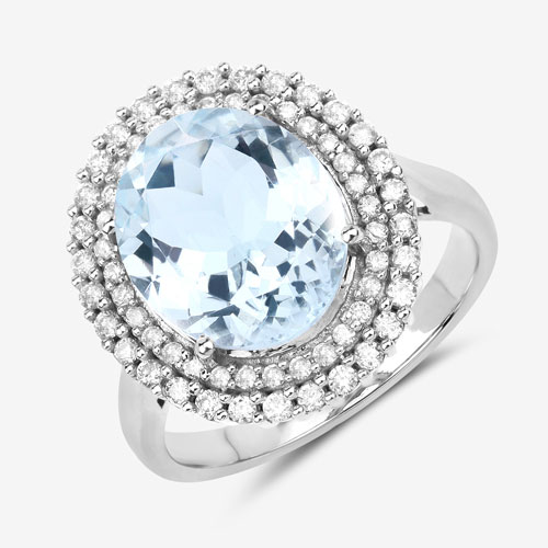 4.46 Carat Genuine Aquamarine and White Diamond 14K White Gold Ring