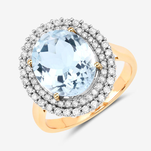 4.46 Carat Genuine Aquamarine and White Diamond 14K Yellow Gold Ring