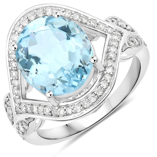 Rings-4.44 Carat Genuine Aquamarine and White Diamond 14K White Gold Ring