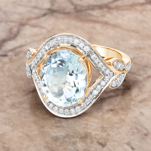 4.44 Carat Genuine Aquamarine and White Diamond 14K Yellow Gold Ring