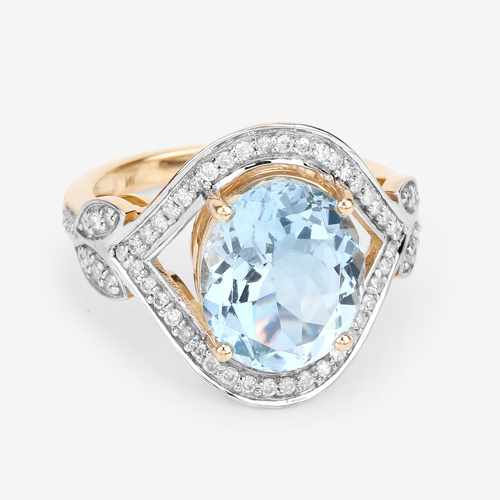 4.44 Carat Genuine Aquamarine and White Diamond 14K Yellow Gold Ring