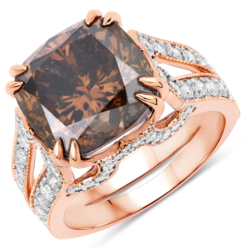 Diamond-IGI Certified 10.01 Carat Genuine Deep Brown Cushion-cut Diamond Center and 0.99cttw White Diamond 18K Rose Gold Ring (11.00cttw)