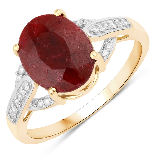 Ruby-3.49 Carat Dyed Ruby and White Diamond 10K Yellow Gold Ring