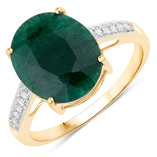 Emerald-4.13 Carat Dyed Emerald and White Diamond 10K Yellow Gold Ring