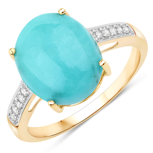 Rings-4.58 Carat Genuine Turquoise and White Diamond 10K Yellow Gold Ring