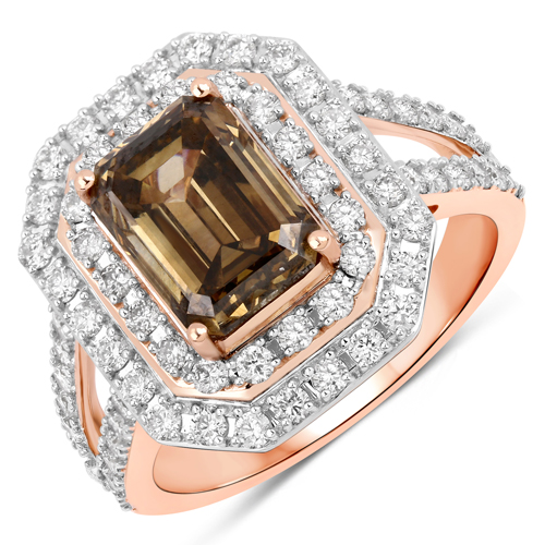Diamond-IGI Certified 3.01 Carat Genuine Fancy Brown Emerald-cut Diamond Center and 0.95cttw White Diamond 18K Rose Gold Ring (3.96cttw)