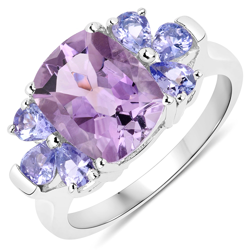 Amethyst-14K White Gold Plated 3.44 Carat Genuine Amethyst and Tanzanite .925 Sterling Silver Ring