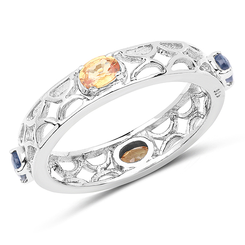 Sapphire-0.80 Carat Genuine Blue Sapphire and Orange Sapphire .925 Sterling Silver Ring