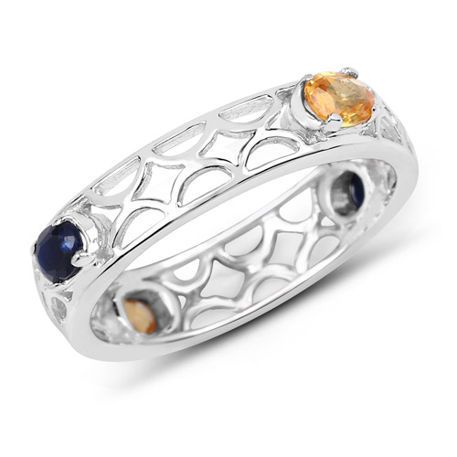 Sapphire-0.88 Carat Genuine Blue Sapphire and Yellow Sapphire .925 Sterling Silver Ring