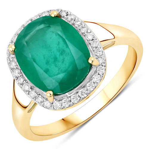 Emerald-3.76 Carat Genuine Zambian Emerald and White Diamond 14K Yellow Gold Ring