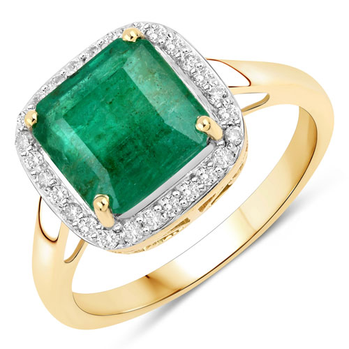 Emerald-3.25 Carat Genuine Zambian Emerald and White Diamond 14K Yellow Gold Ring